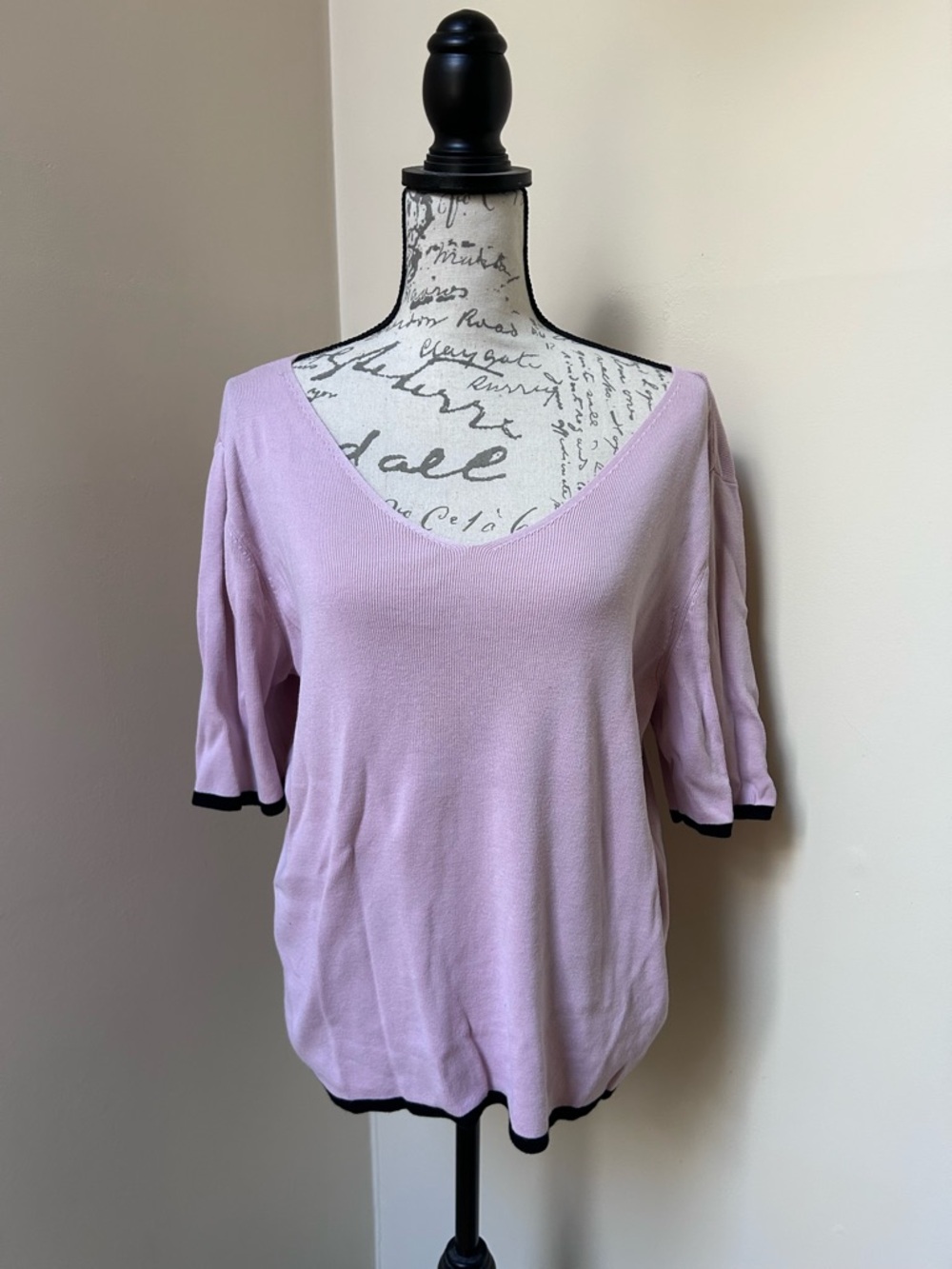 Talbots Pink Double V-Neck Sweater with Black Trim Detail